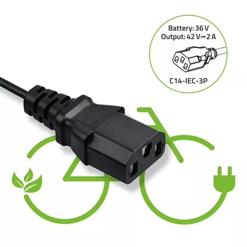 Charger QOLTEC 36V–42V 2A with C14 IEC 3-pin connector for e-bike batteries