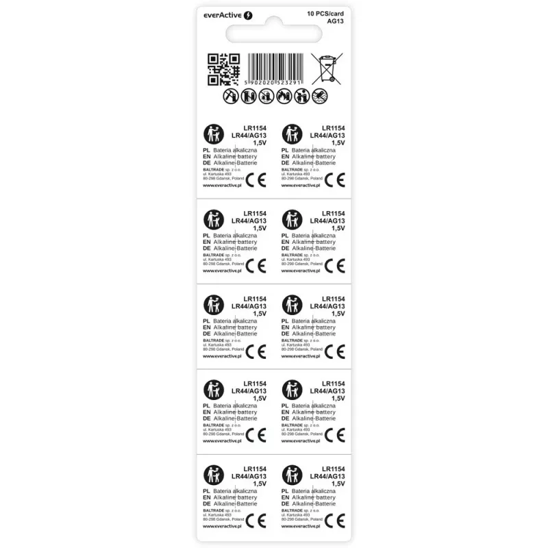 Button cell alkaline battery everActive AG13 (LR44) — 10 pcs pack