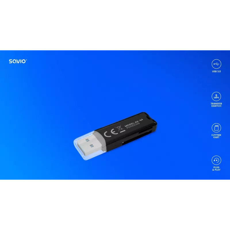 Card reader SAVIO AK-64 USB 3.2 Gen 1 Type-A output, MicroSD slot, 5000 Mbit/s, black