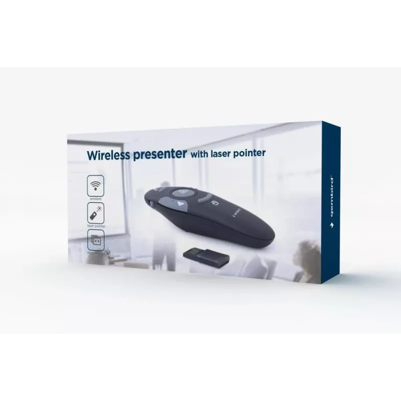GEMBIRD wireless IR presenter WP-L-11, 4 buttons, 2.4 GHz RF USB receiver, black, AAA battery