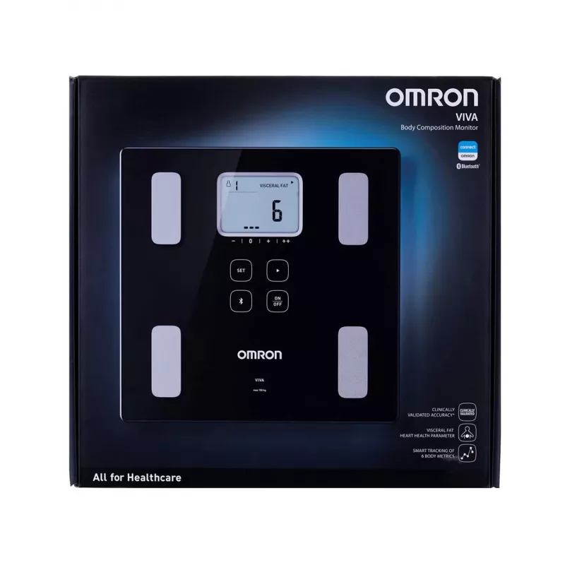 Electronic personal scale Omron VIVA — square, black, max 150 kg, 100 g accuracy, body fat/BMI/BMR, 30-user memory