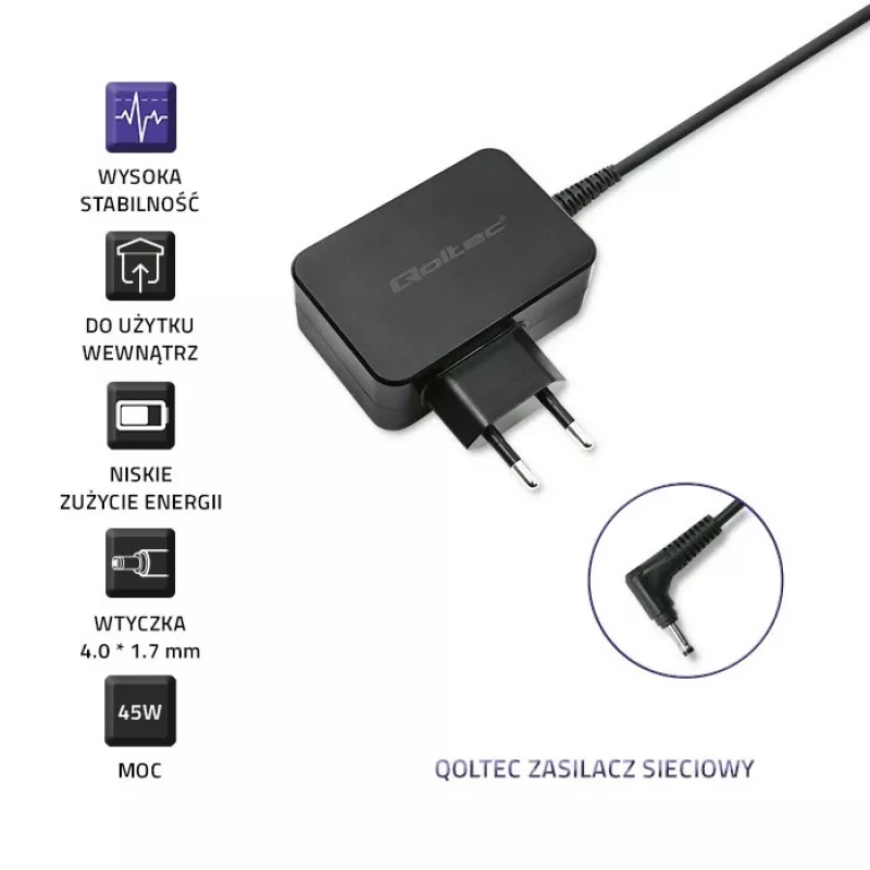 Power adapter QOLTEC 45W 20V 2.25A for portable devices, model 52393