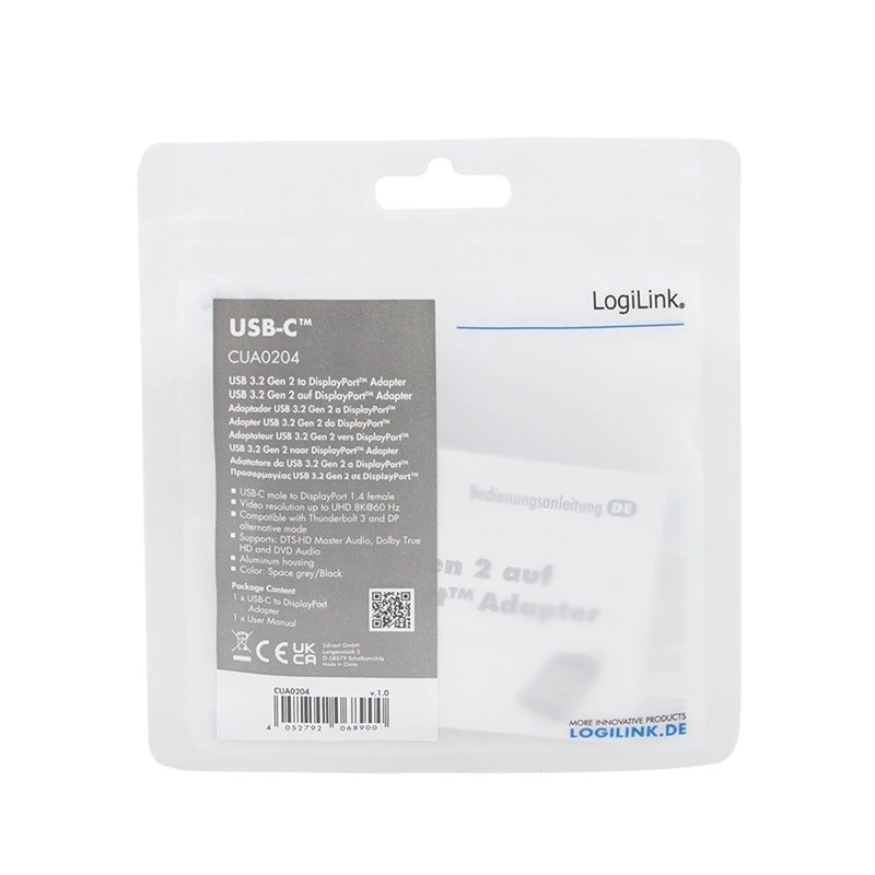 LogiLink CUA0204 USB-C to DisplayPort Cable Gender Changer Black Grey