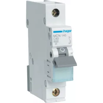 Hager MCN140. Rated Current: 40 A. Type: C-type, Module Quantity (max): 1 Module(e). Width: 17,5 mm, Depth: 70 mm, Height: 83 mm (MCN140)