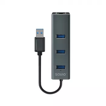SAVIO USB-A hub with RJ-45 Gigabit Ethernet AK-57 — 3× USB-A + RJ-45, USB 3.2 Gen 1 Micro‑B host, 5 Gbit/s, 4 ports, grey