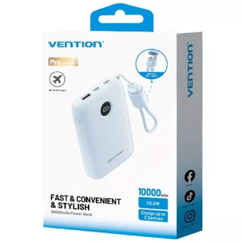 Power bank Vention 10000mAh 22.5W — 2× USB‑C, 1× USB‑A, blue