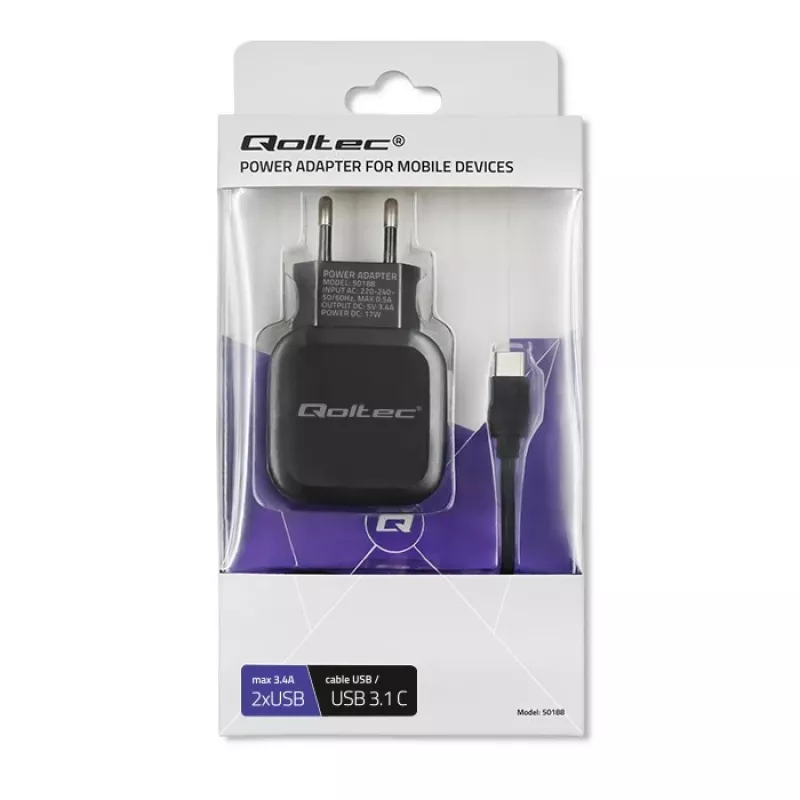 Qoltec 50188 mobile device charger Laptop, Smartphone, Smartwatch, Tablet, Telephone, Universal Black AC, DC Indoor