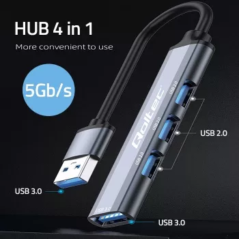 USB hub QOLTEC 53793 — USB 3.0 input, 3× USB 2.0 ports