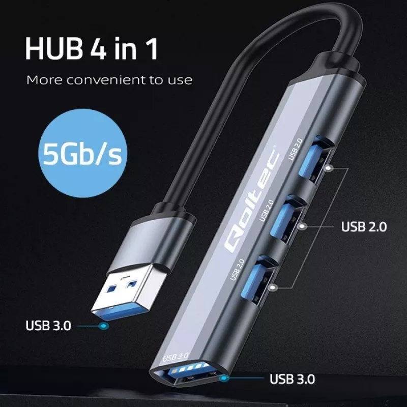 USB hub QOLTEC 53793 — USB 3.0 input, 3× USB 2.0 ports