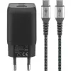 USB-C Fast Charger Nano, PD, GaN, 65 Watt, USB-C Braided Cable (black, 1x USB-A, 2x USB-C PD, Quick Charge 3.0, 1 Meter Cable)