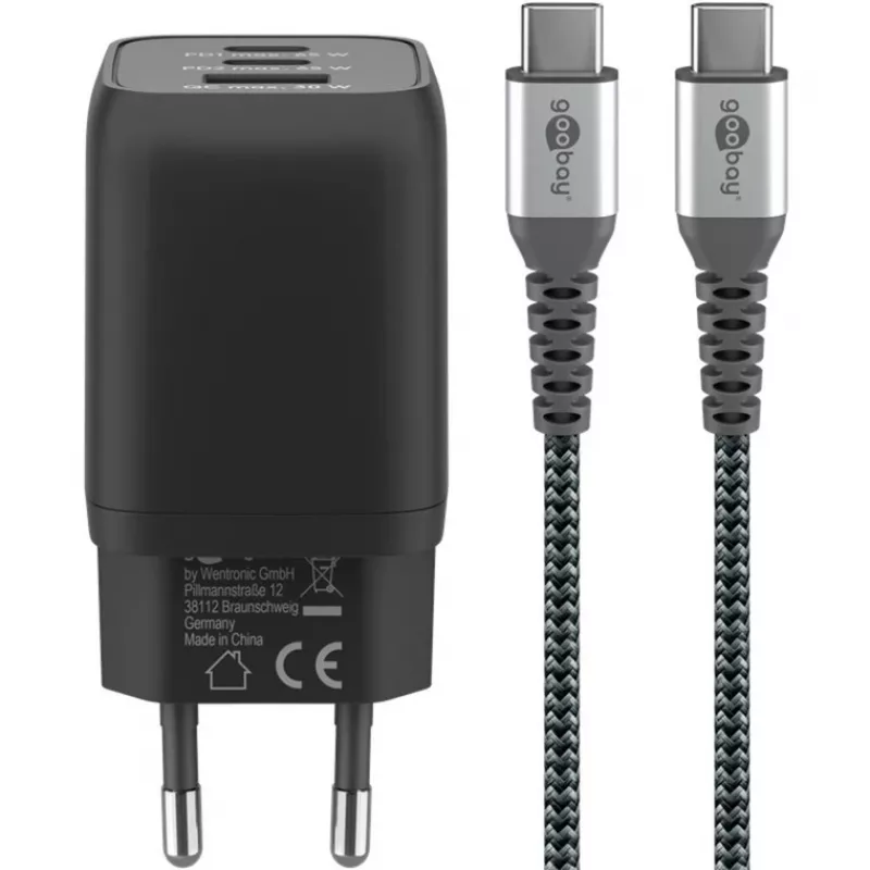 USB-C Fast Charger Nano, PD, GaN, 65 Watt, USB-C Braided Cable (black, 1x USB-A, 2x USB-C PD, Quick Charge 3.0, 1 Meter Cable)