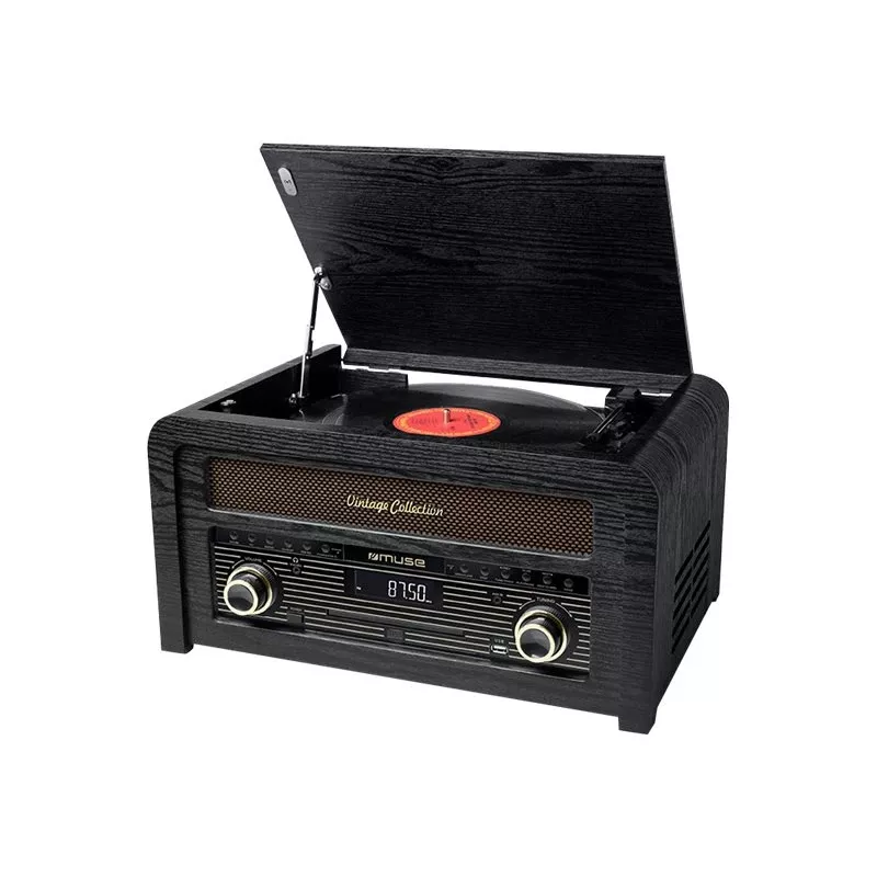Turntable muse MT-115 W — black/gold, 33-45-78 RPM, J-shaped tonearm, rotary volume, 240V AC