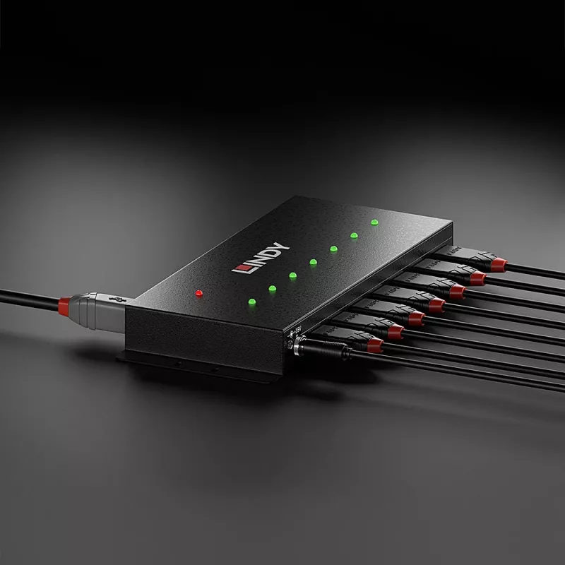 Lindy 7 Port USB 3.0 Metal Hub, USB 3.2 Gen 1 (3.1 Gen 1) Type-A, 5000 Mbit/s, Black, 0.8 m, 185 mm, 75 mm
