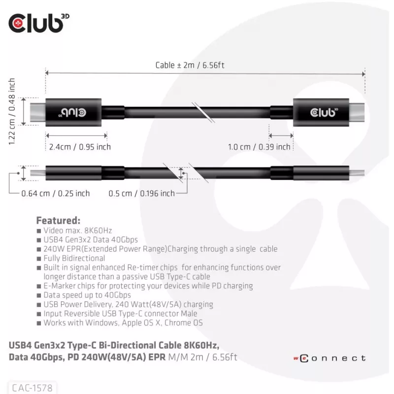 CLUB3D USB4 Gen3x2 Type-C Bi-Directional Cable 8K60Hz, Data 40Gbps, PD 240W(48V/5A) EPR M/M 2m / 6.56ft