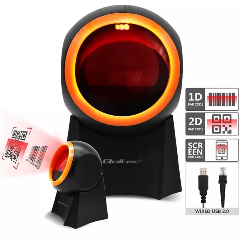 Wired desktop barcode scanner QOLTEC 50857 — 1D/2D, USB, ABS housing, black, 1.75 m cable