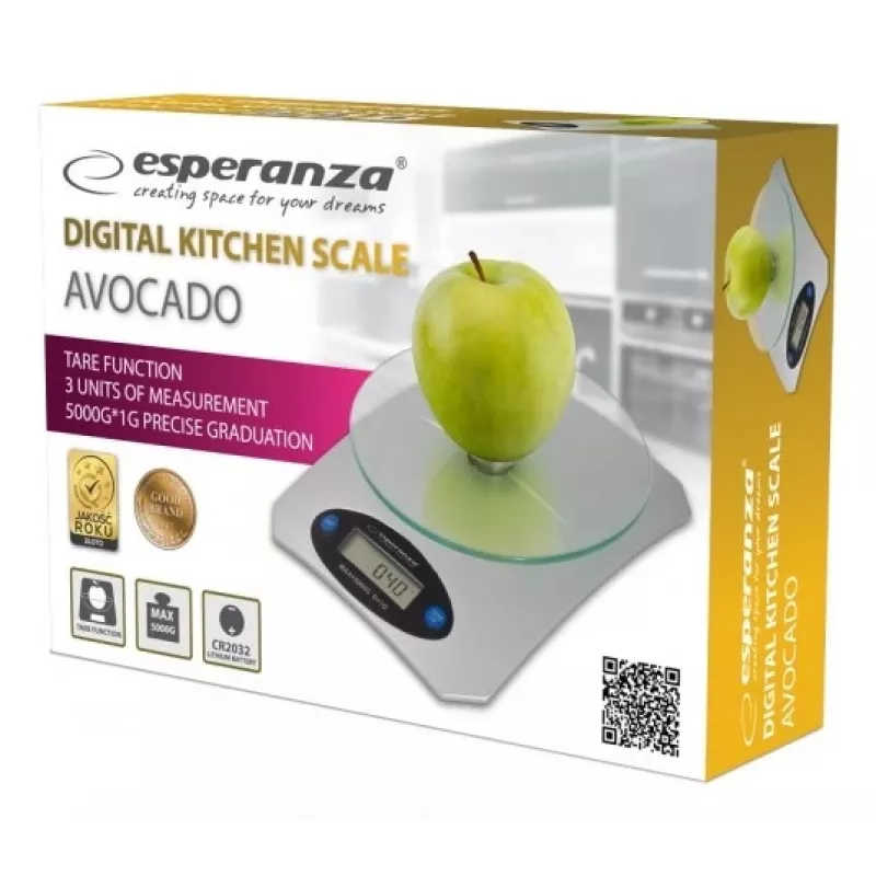 Electronic kitchen scale ESPERANZA Avocado Grey — 5 kg capacity, bamboo platform, g/lb/oz units