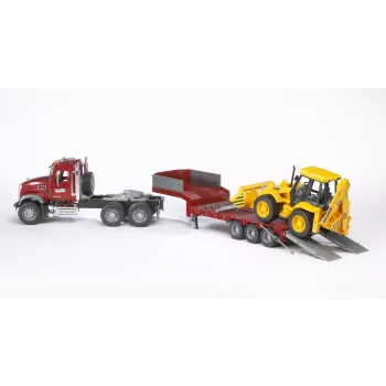 Toy low loader truck with JCB 4CX accessory, BRUDER, model BR-02813, ABS construction, multicolour