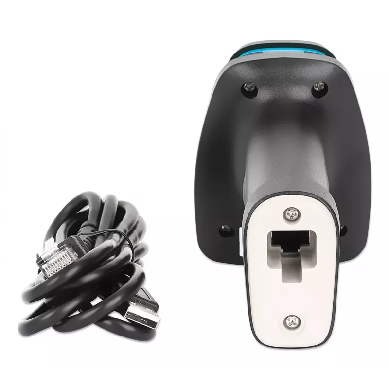 Manhattan 2D Long Range LED Barcode Scanner, USB, 450mm Scan Depth, Max Ambient Light 100,000 lux (sunlight), Supports symbologies - 1D (x21 versions) and 2D (x10 versions), Scanner RJ45 to USB 1.8m cable (most popular type, which is USB-A), Black, 3 Year Warranty