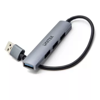 USB hub Unitek H1208A — 4 ports (1 × USB 3.2 Gen 1 Type-A, 3 × USB 2.0), aluminium housing, grey, 0.20 m cable