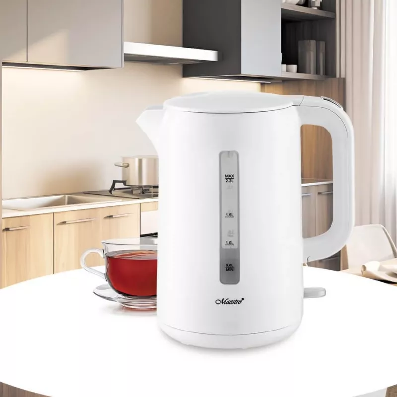 Electric kettle Maestro MR-022-WHITE, 2.2 L, 1850–2200 W, plastic housing, 360° base, anti-calc filter, water level indicator