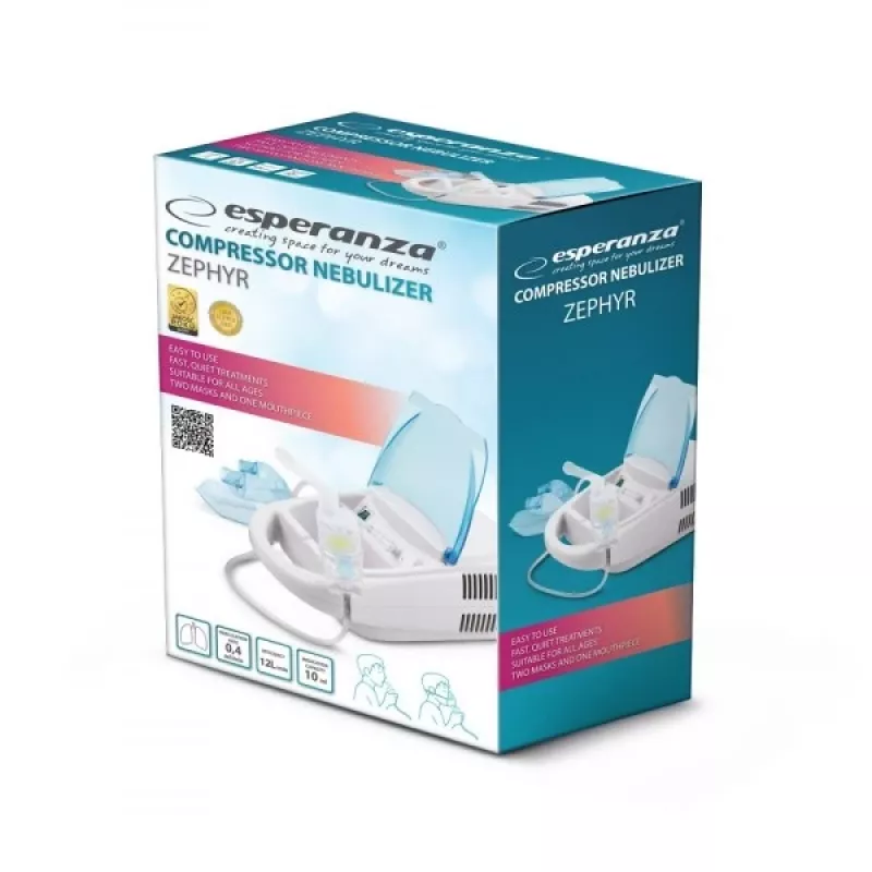 Tabletop mesh nebulizer ESPERANZA ECN002 — 0.4 ml/min nebulisation, 10 ml capacity, adult & child masks, mouthpiece, 220 V
