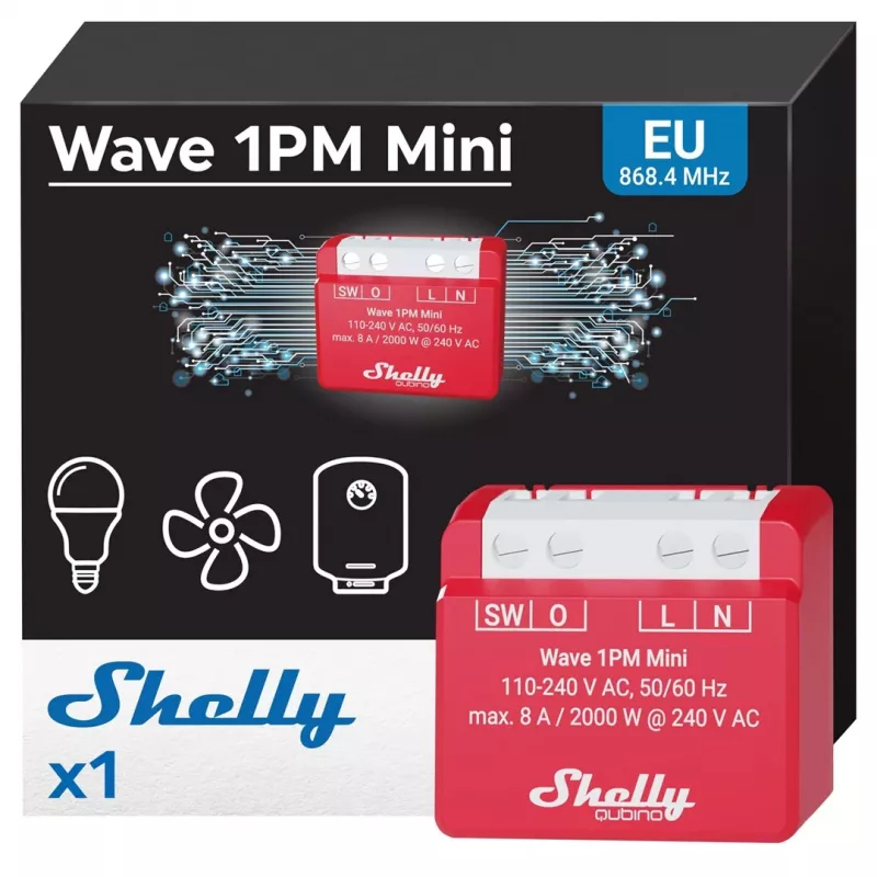 In-wall smart relay Shelly 1PM — single-channel Z-Wave mini switch, 110–240V, 8A, 2000W, 868.4 MHz