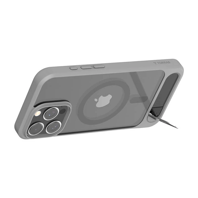 Protective phone case Torras Pstand Series for iPhone 16 Pro Max, gray, slim profile with integrated stand