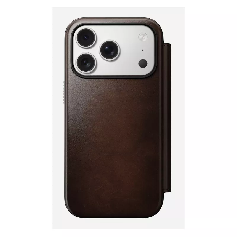 Mobile phone cover Nomad Modern Leather Folio for iPhone 17 Pro, leather/aluminium, 16 cm (6.3 inch) brown, 4 card pockets