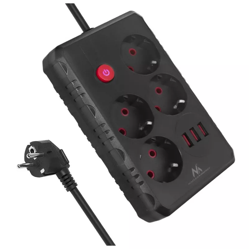 Power strip MACLEAN MCE393 B — 4 sockets, 3×USB, 110–240V, 2500W, 3 m cable, black