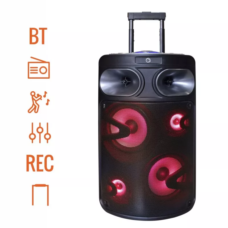 Portable Bluetooth karaoke speaker MANTA SPK0803B140 140W, battery-powered, MIC/USB/microSD, FM, equalizer, wheels