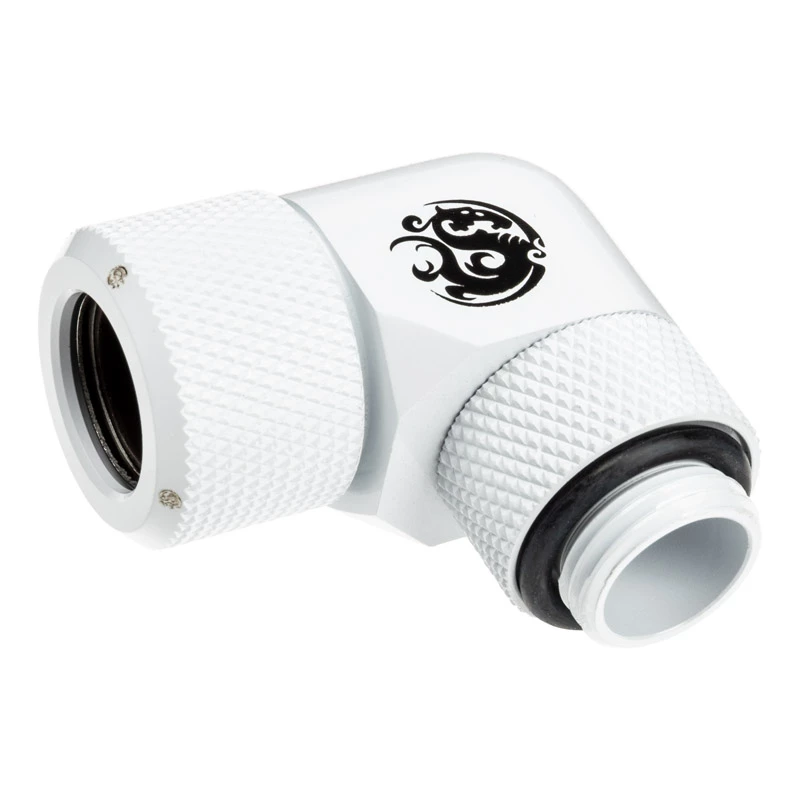 Fitting BitsPower BP-DWE90RMLA12 — brass 90° angled connector, white, Ø 12 mm