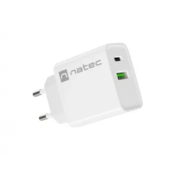 Indoor AC Fast Charging Charger NATEC RIBERA 12V 20W USB-C PD 3.0 + USB-A Samsung AFC White