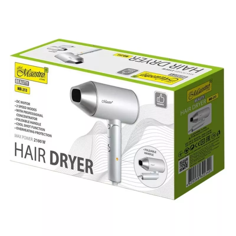 Hair dryer Maestro MR-213 2100W folding handle, 2 speeds, cool shot, double-walled concentrator, silver
