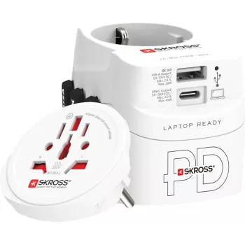 Travel power adapter SKROSS 1.302474 for EU/FR/USA/UK/AU sockets, 100–250 V AC, 7 A, USB 45 W