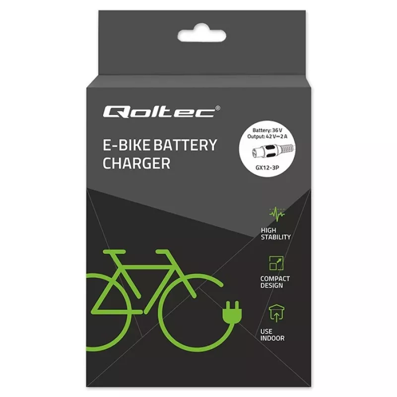 E-bike charger QOLTEC 36V–42V 2A with GX12 3-pin connector