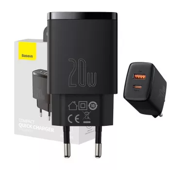 Indoor USB Fast Charger Baseus CCXJ-B01 — 2-port (USB-C PD 20W + USB-A QC3.0 18W), 100–240V, Black