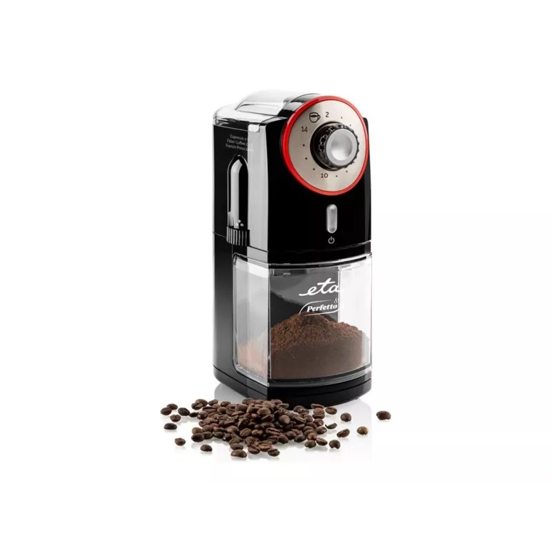 Coffee grinder ETA Perfetto ETA006890000 — 100 W motor, 200 g bean container, up to 14 cups, lid safety switch, black