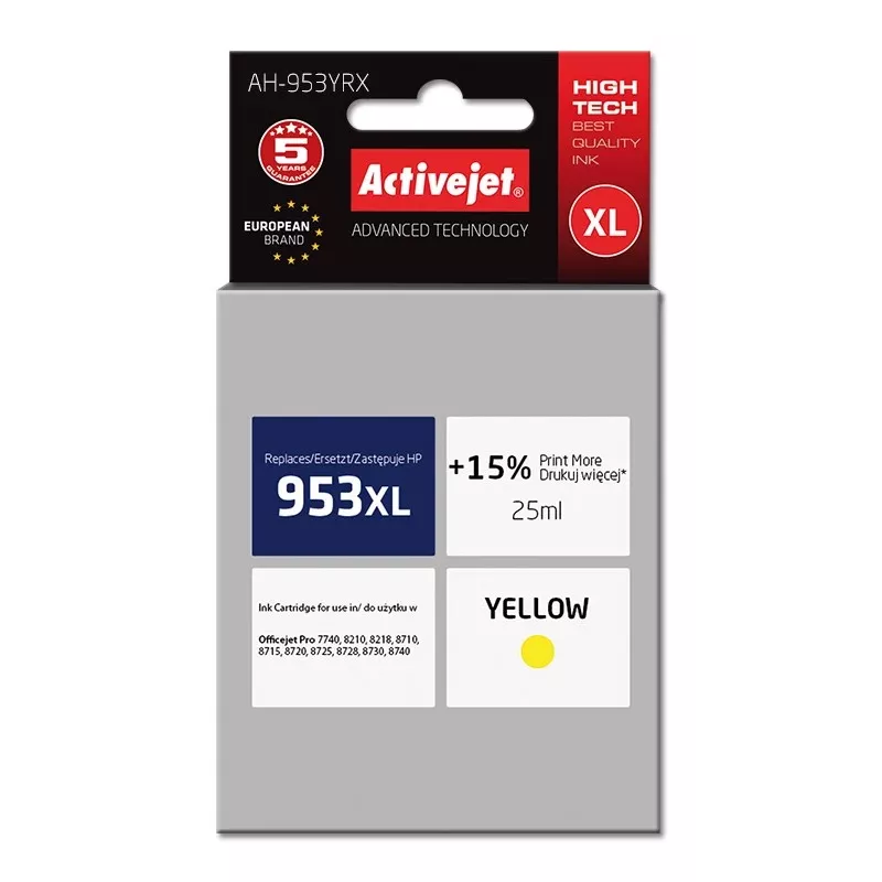 Ink cartridge ActiveJet AH-953YRX compatible for HP 953XL, Yellow, 25 ml, High (XL) yield, dye-based