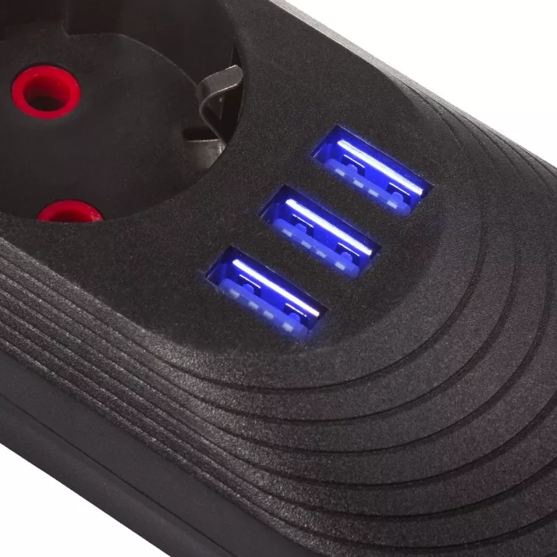 Power strip MACLEAN MCE395 B — 5 sockets, 3×USB, 110–240V AC, 2.1A USB, 2500W, 1.5 m cable, black