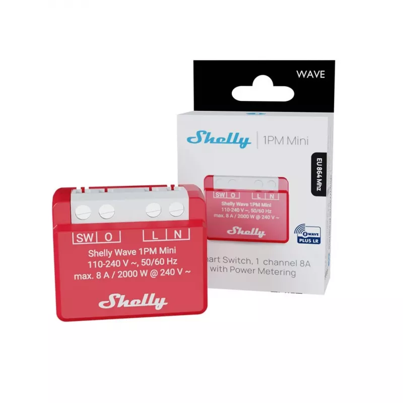 In-wall smart relay Shelly 1PM — single-channel Z-Wave mini switch, 110–240V, 8A, 2000W, 868.4 MHz