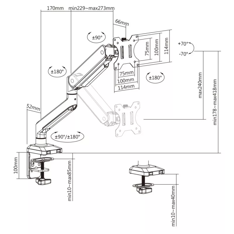 Ergo Office Universal Monitor Desk Mount, Gas Spring 17-35 15kg, VESA 75x75 / 100x100, ER-445