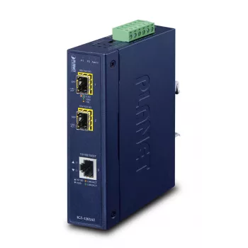 Network media converter PLANET IGT-1205AT — Gigabit SFP 2-fiber, 1x RJ-45, 10/100/1000 Mbps, 12–48V, DIN-rail, IP30