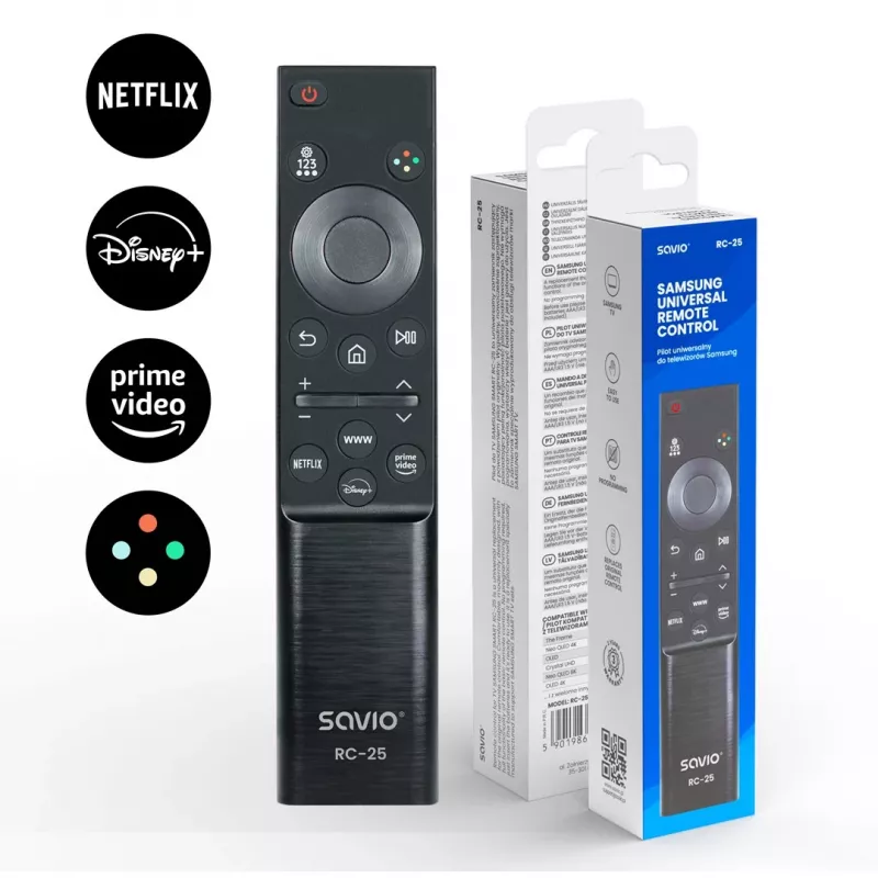 SAVIO RC-25 infrared TV remote control, press-button input, black, range up to 10 m, for 1 device, uses 2x AAA