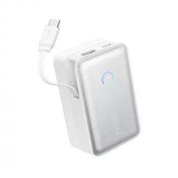 Power bank Anker A1638 10000 mAh, 45 W total output, white, built-in retractable USB-C cable