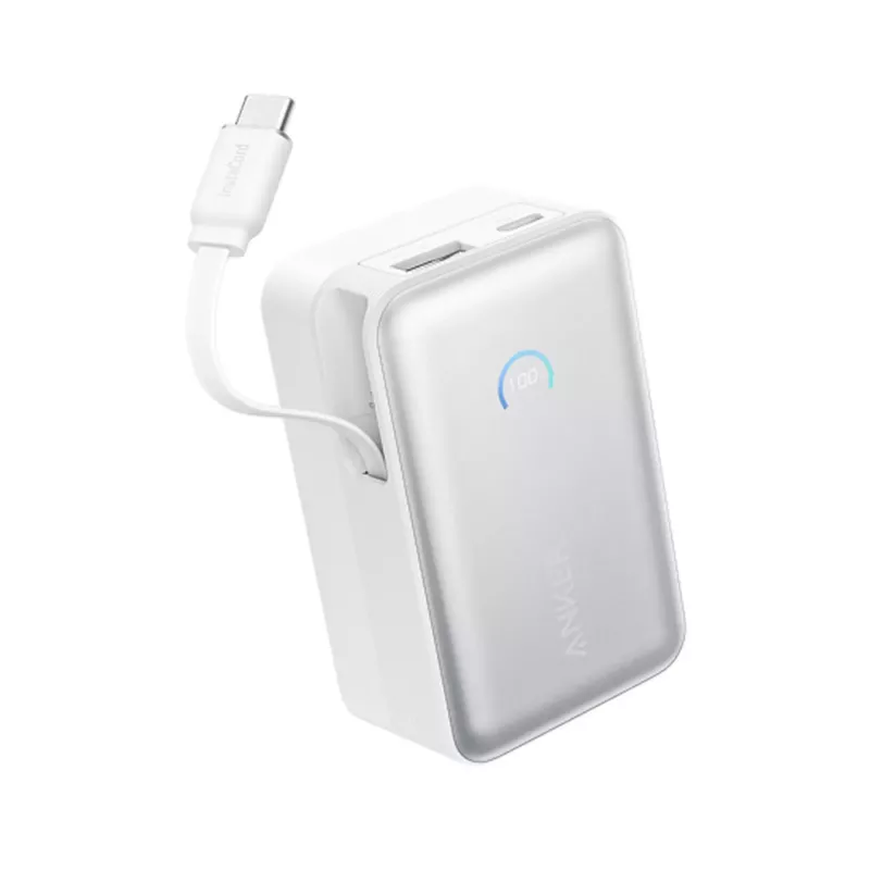 Power bank Anker A1638 10000 mAh, 45 W total output, white, built-in retractable USB-C cable
