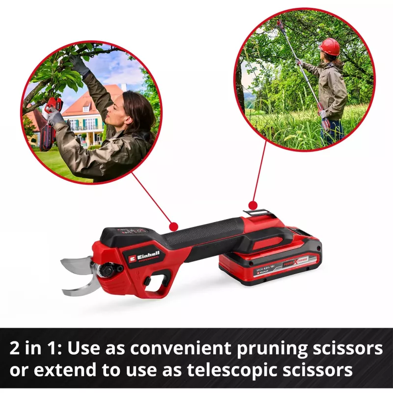Pruning shears EINHELL GP-LS 18/28 Li T BL-Solo — cordless telescopic bypass pruner, 18 V, cutting capacity 2.8 cm, aluminium handle