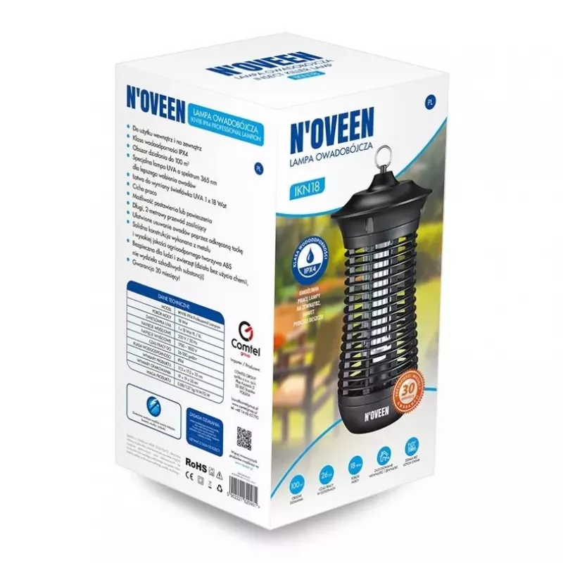 Electric insecticide lamp NOVEEN IKN18 IPX4 — 18 W UVA tube, 100 m² coverage, 1700–1800 V, indoor/outdoor, hangable, metal, black