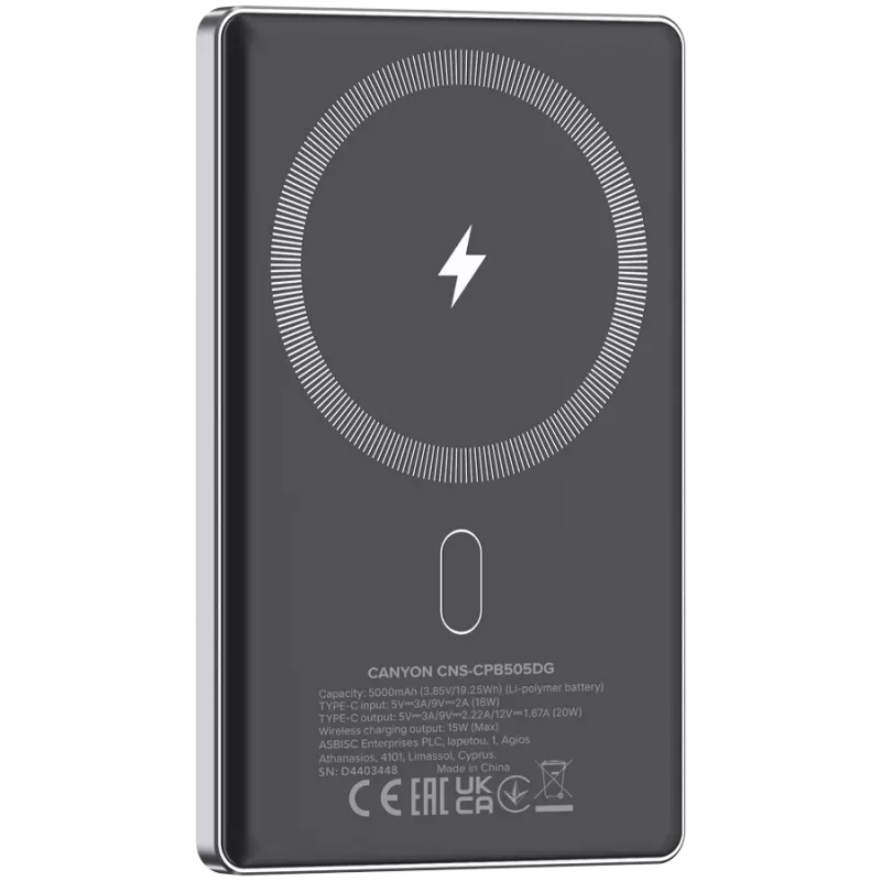 Canyon OnPower 505 - Powerbank - 5.000 mAh - in USB-C - out USB-C PD 20W + Wireless Magnet 1