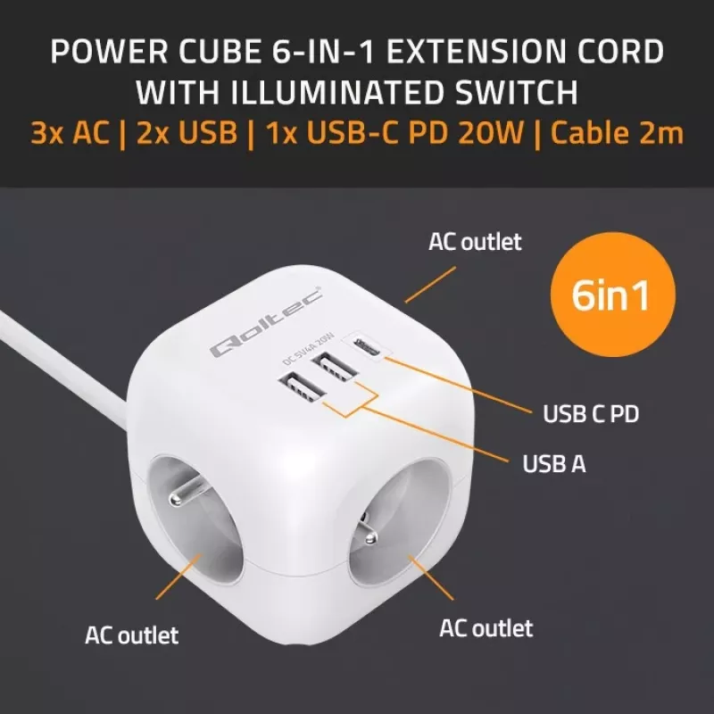 Power Cube QOLTEC 52547 power strip 3×AC sockets, 2×USB-A, 1×USB-C PD 20W