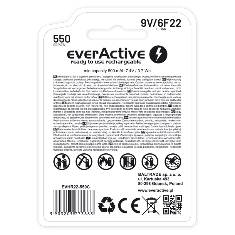 Rechargeable battery everActive 6F22/9V Li-ion 550 mAh with USB TYPE C